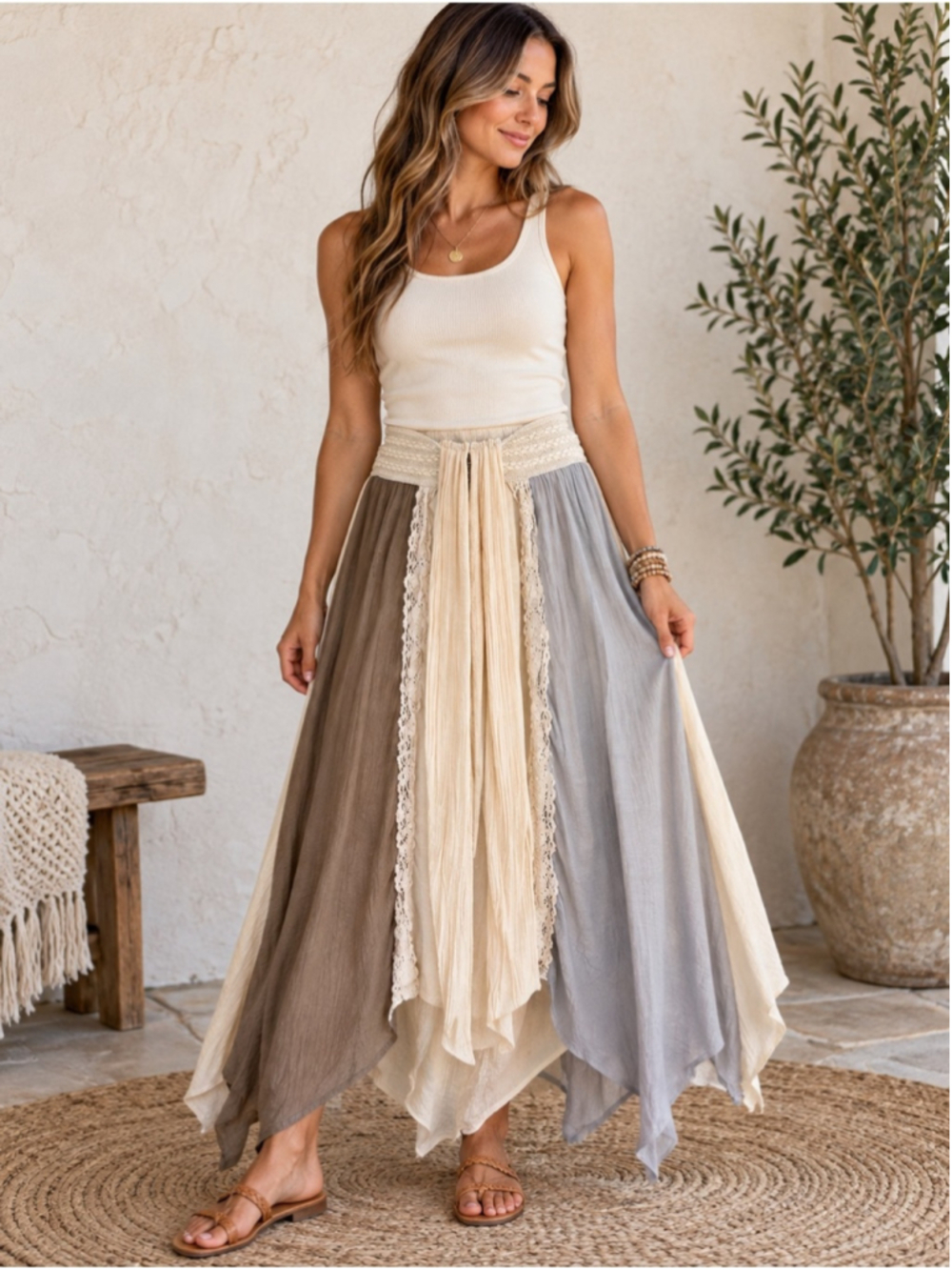 Ryu Neutral Colorblock Handkerchief Hem Maxi Skirt - Taupe, Gray, Cream Size M